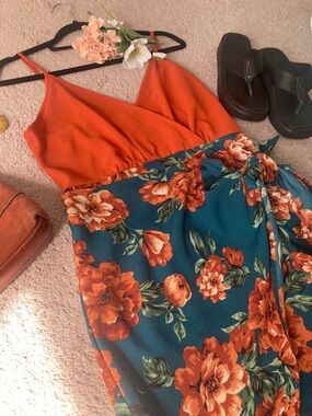 SHEIN Orange & Teal Floral Midi Dress